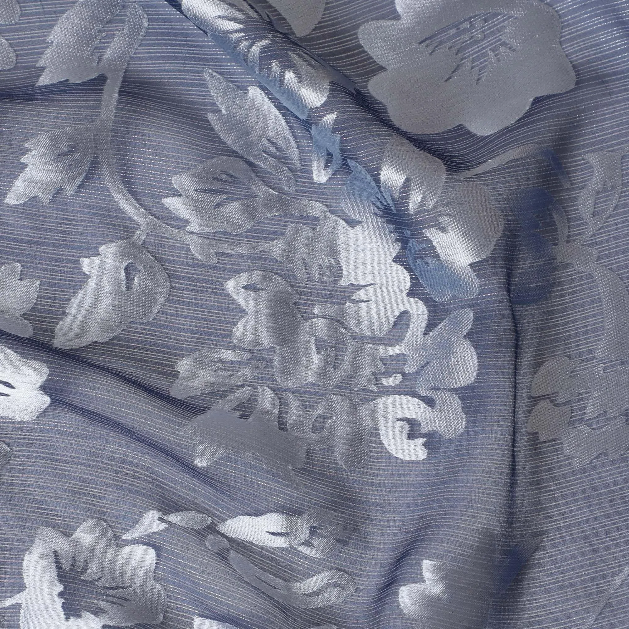 Navy blue Premim pure silk chiffon fabric with silver jacquard in floral design-D15321