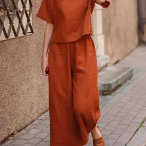 New linen casual loose solid color suit two-piece set