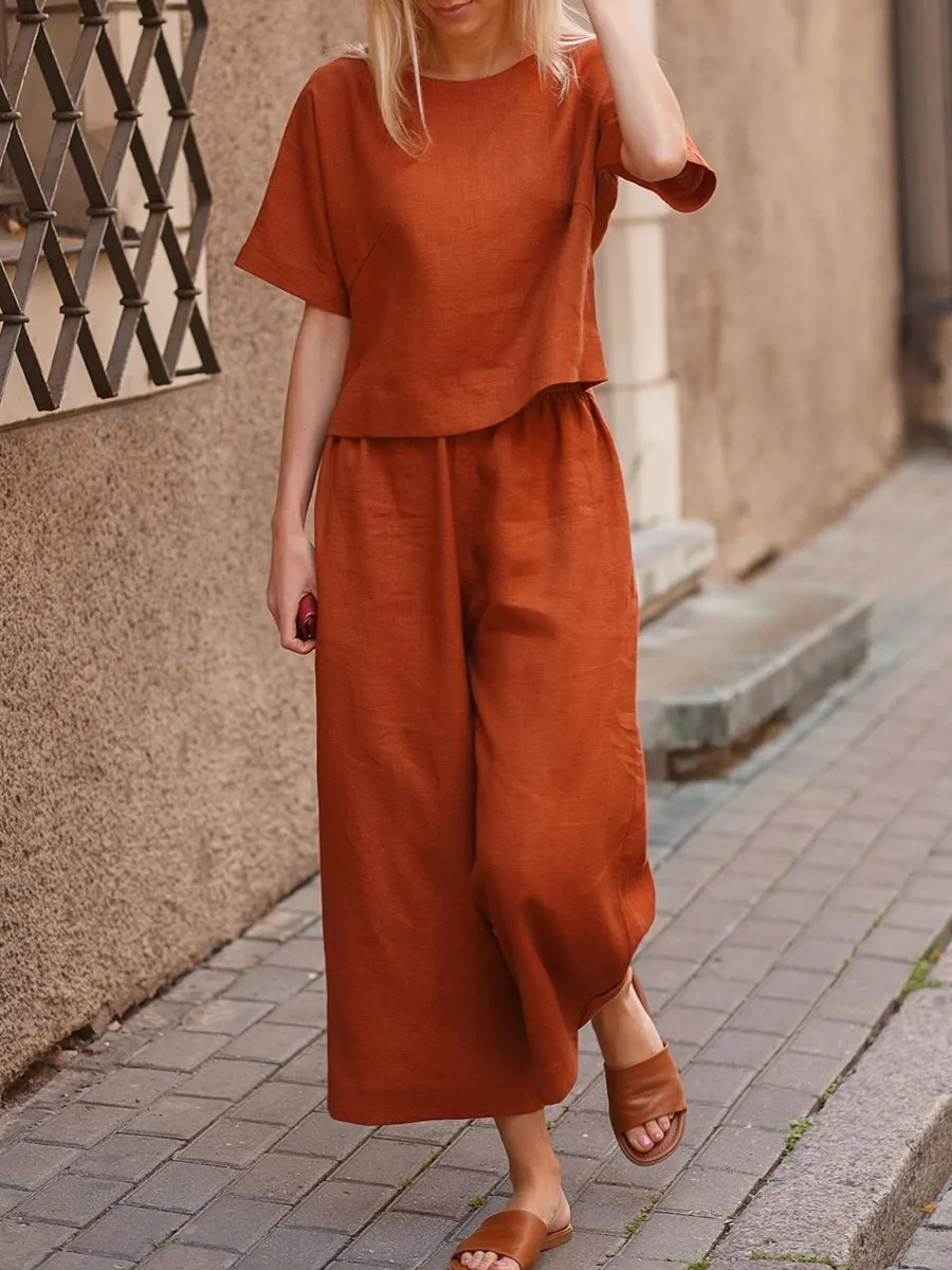 New linen casual loose solid color suit two-piece set