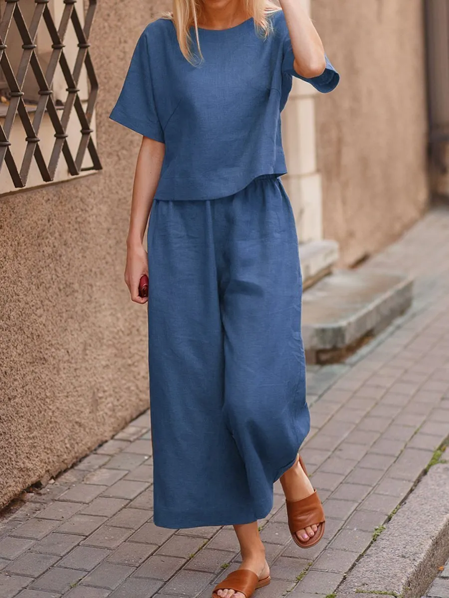 New linen casual loose solid color suit two-piece set