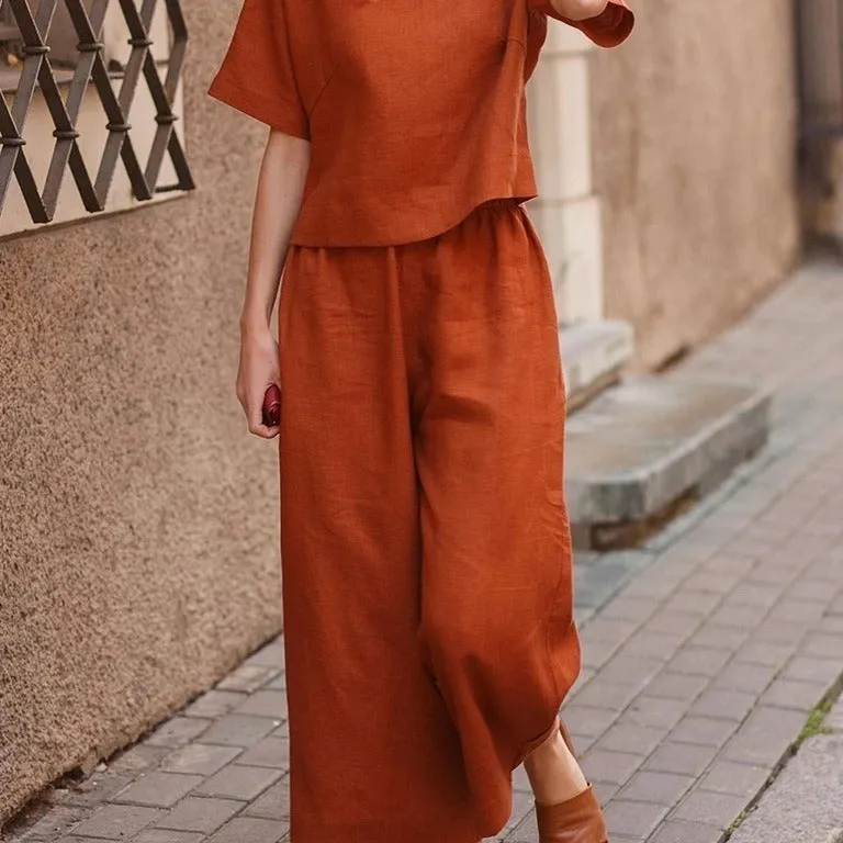 New linen casual loose solid color suit two-piece set