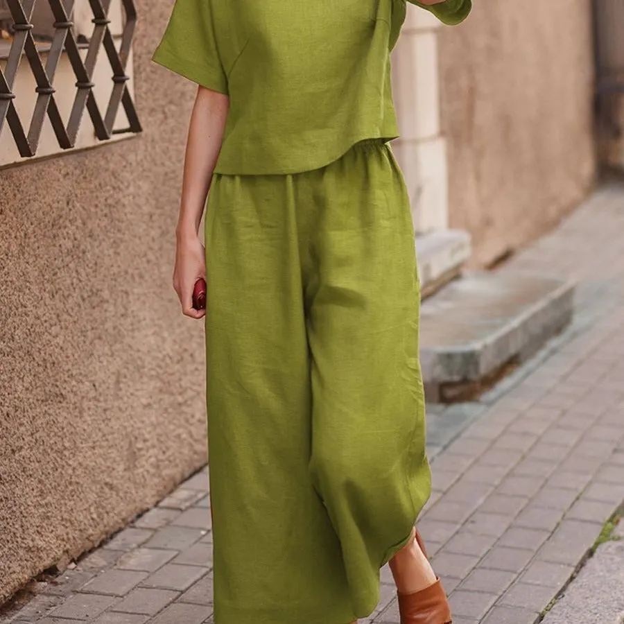 New linen casual loose solid color suit two-piece set