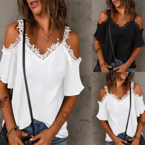 New V-neck Stitching Women's Short Sleeve Lace Loose Camisole