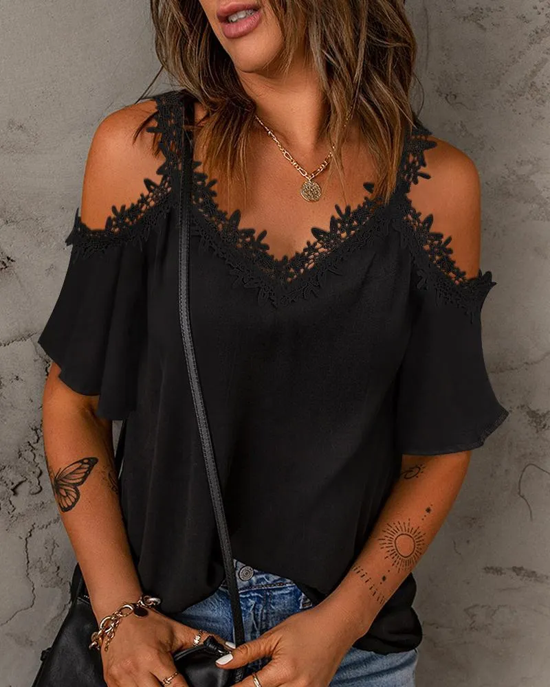 New V-neck Stitching Women's Short Sleeve Lace Loose Camisole