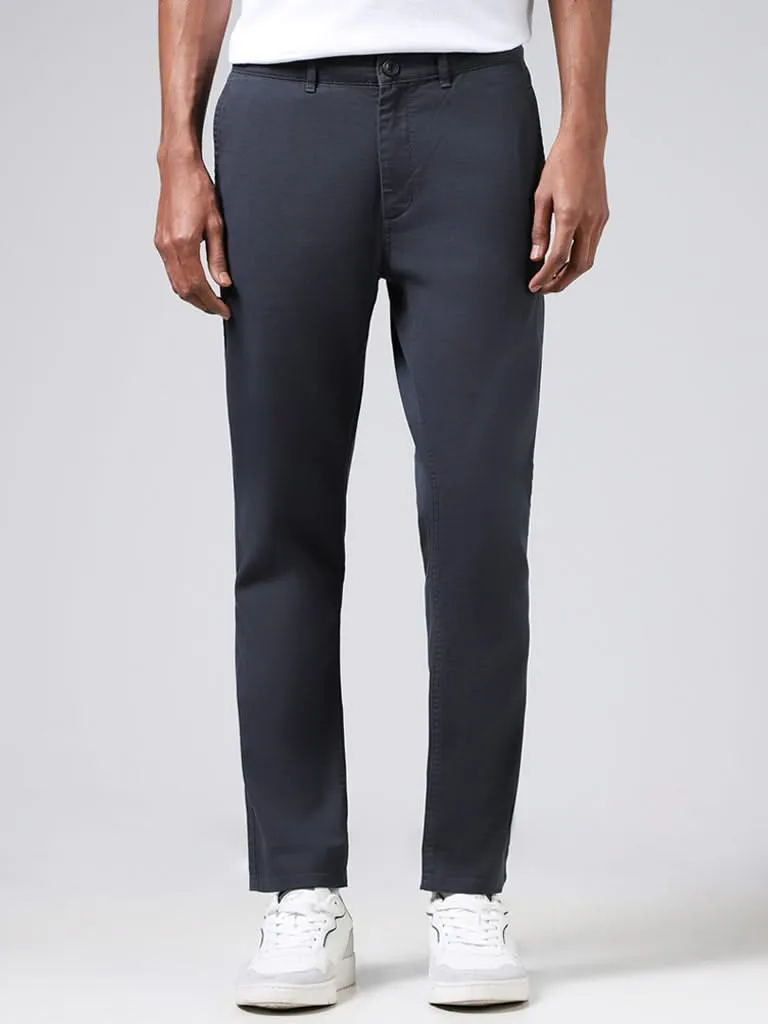 Nuon Solid Navy Cotton Slim-Fit Mid-Rise Chinos