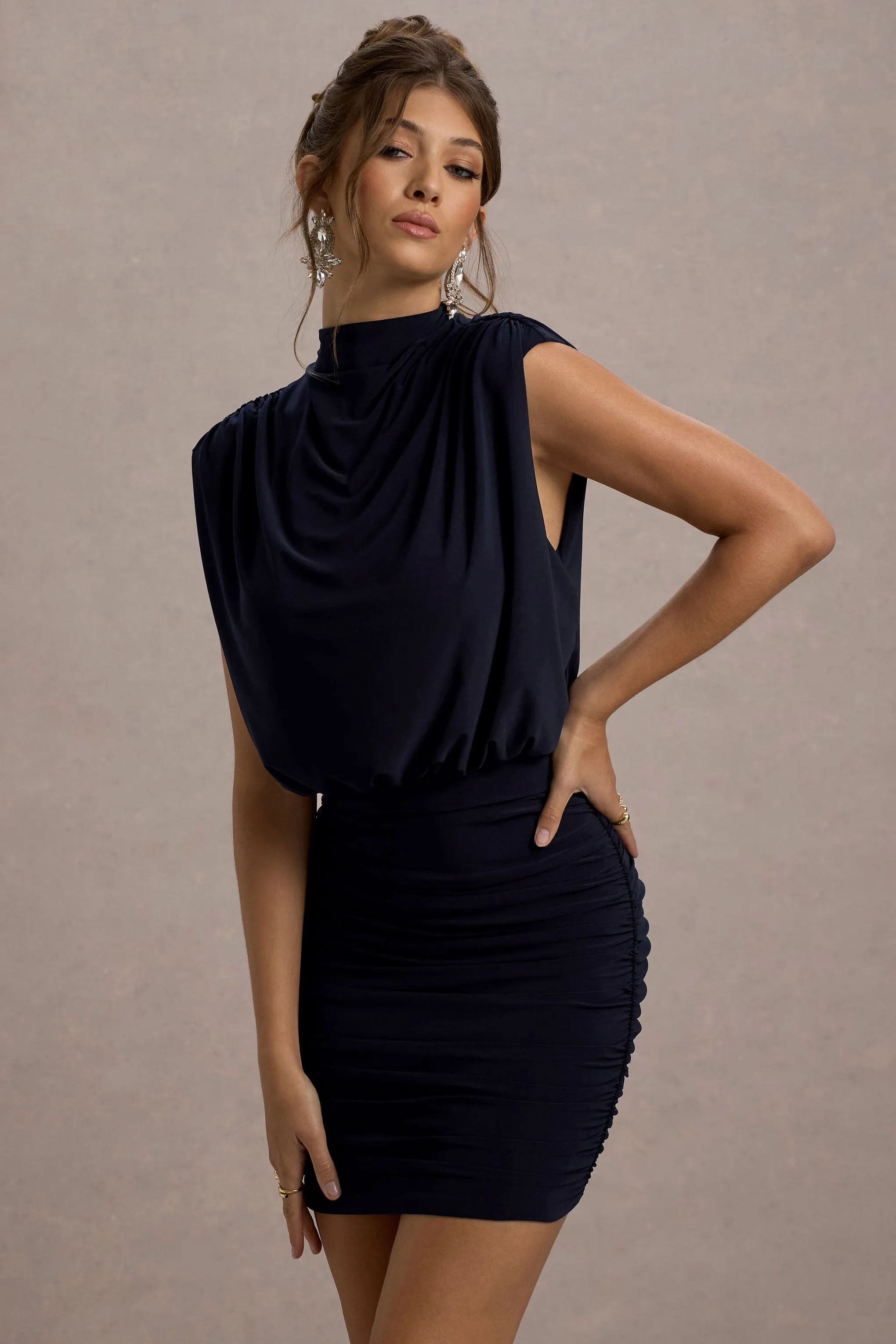 Nymeria | Navy High-Neck Draped Bodycon Mini Dress