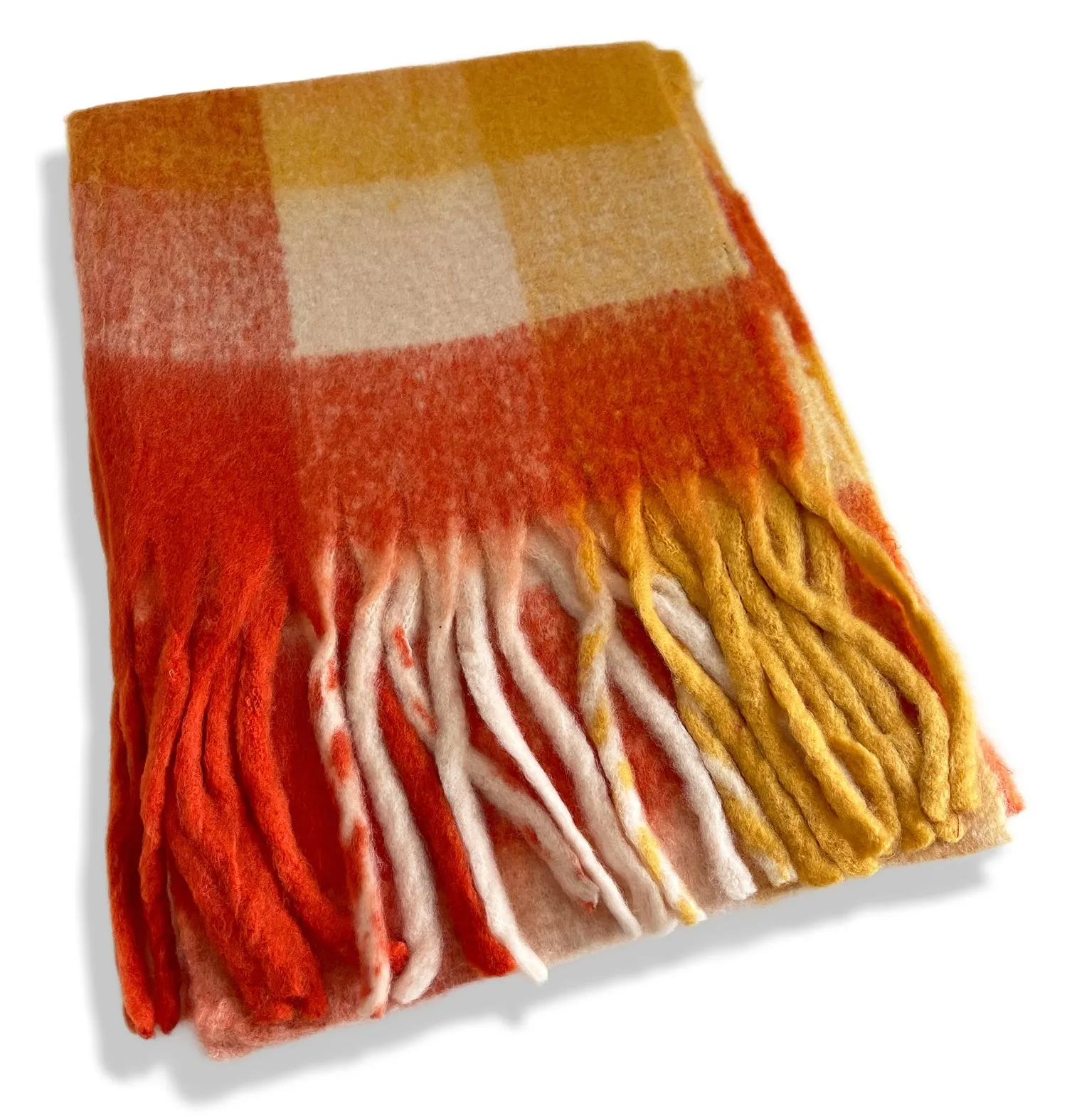 ORANGE CHECKED WOOL RAINBOW BLANKET SCARF OVERSIZED WINTER SHAWL WRAP