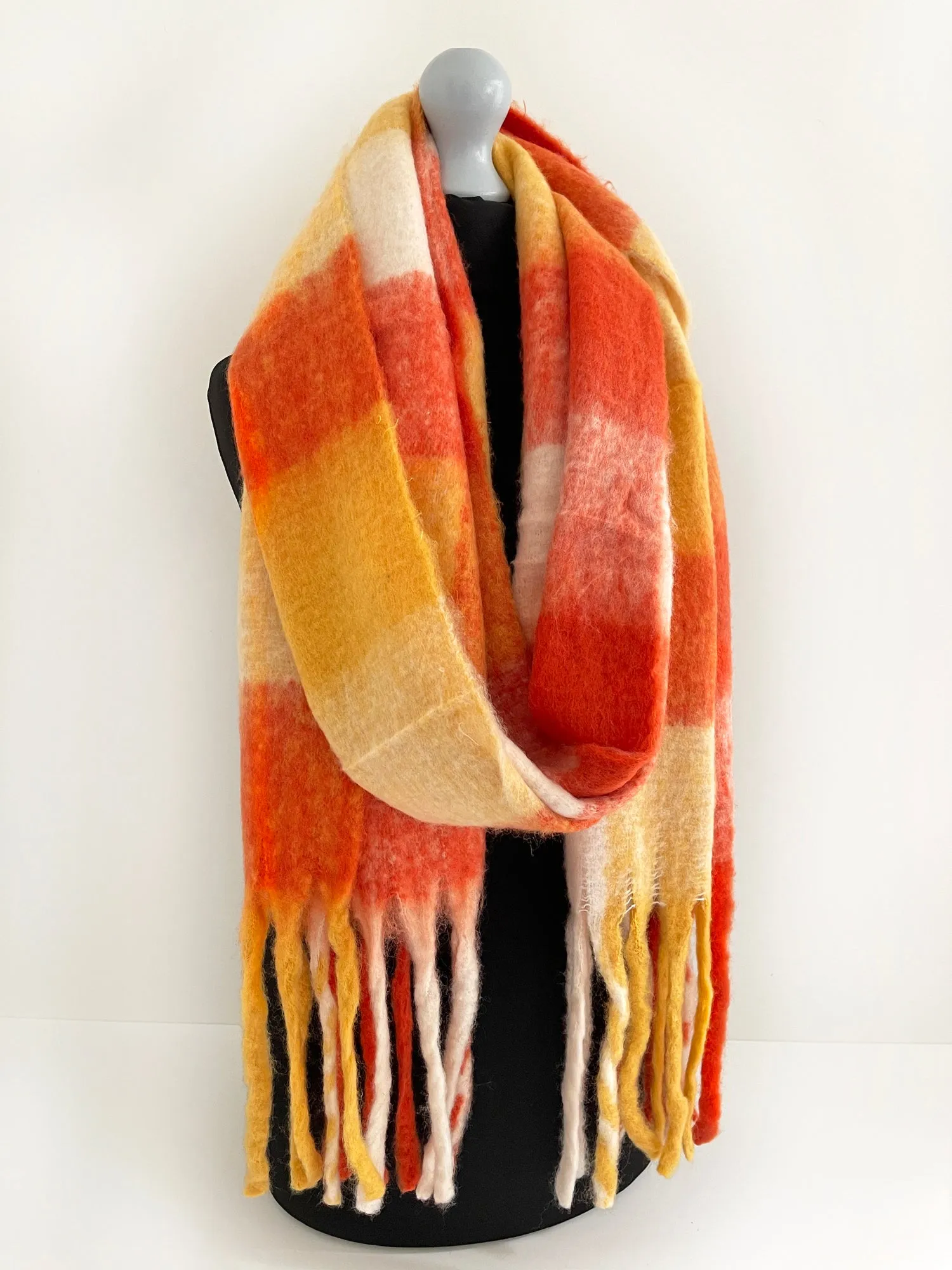 ORANGE CHECKED WOOL RAINBOW BLANKET SCARF OVERSIZED WINTER SHAWL WRAP