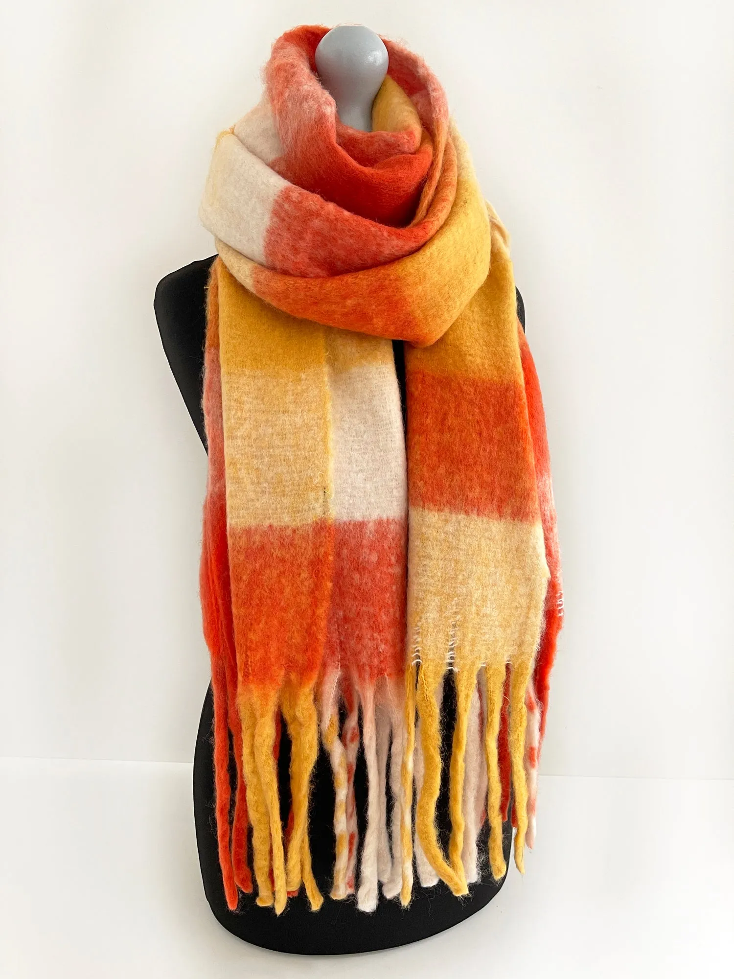 ORANGE CHECKED WOOL RAINBOW BLANKET SCARF OVERSIZED WINTER SHAWL WRAP