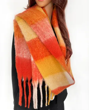 ORANGE CHECKED WOOL RAINBOW BLANKET SCARF OVERSIZED WINTER SHAWL WRAP