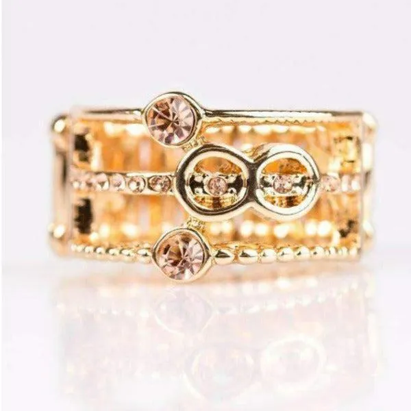 Paparazzi No Time Like The Present Gold Glittery Peach Rhinestone Ring