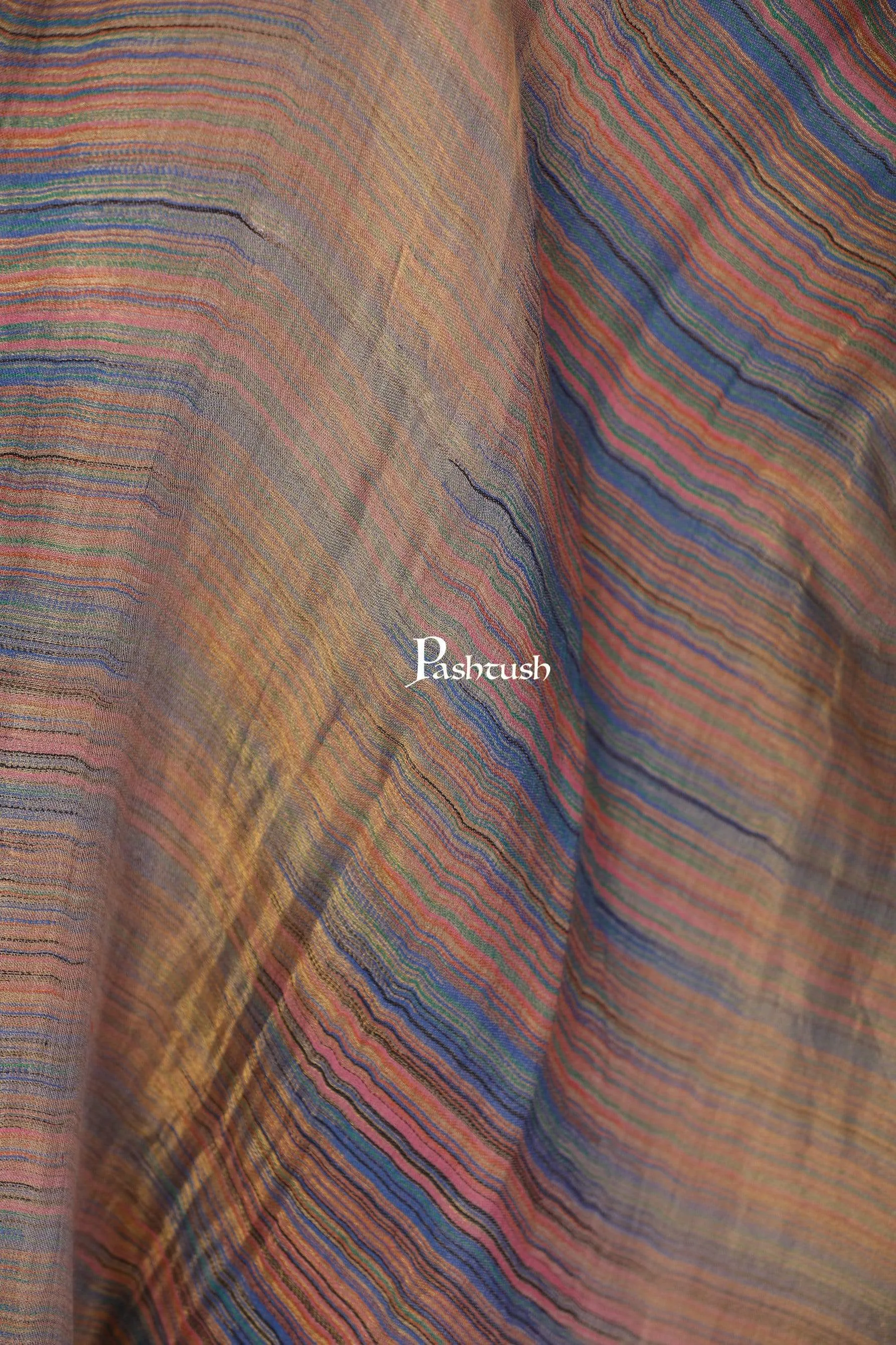 Pashtush Womens, Extra Fine Wool, Twilight Striped Scarf, With Shimmery Zari Thread Weave Multi Coloured