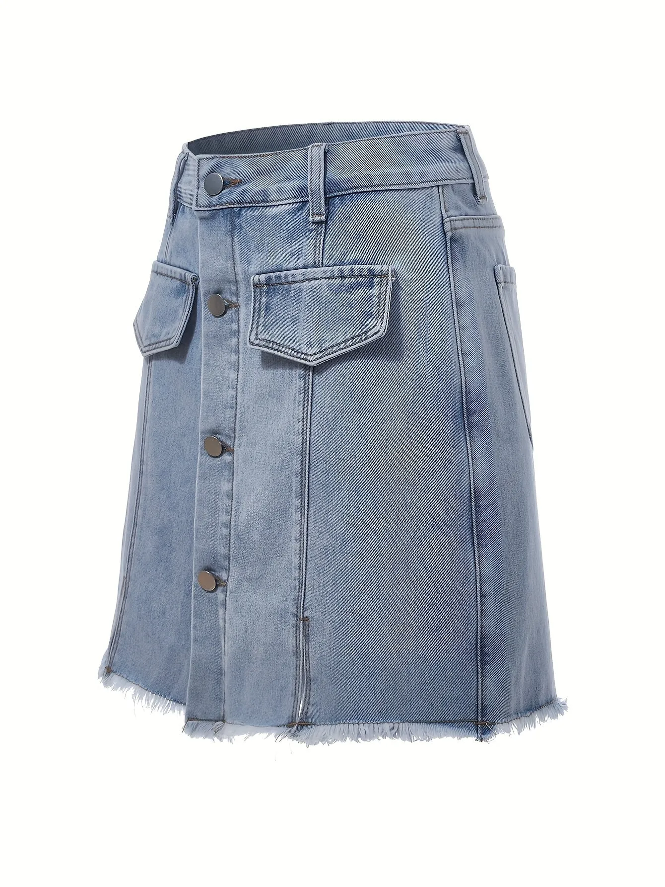 Plain Washed Blue Split Back Raw Hem Single-breasted A-line Casual Style Denim Skirt, Women's Denim Jeans & Clothing