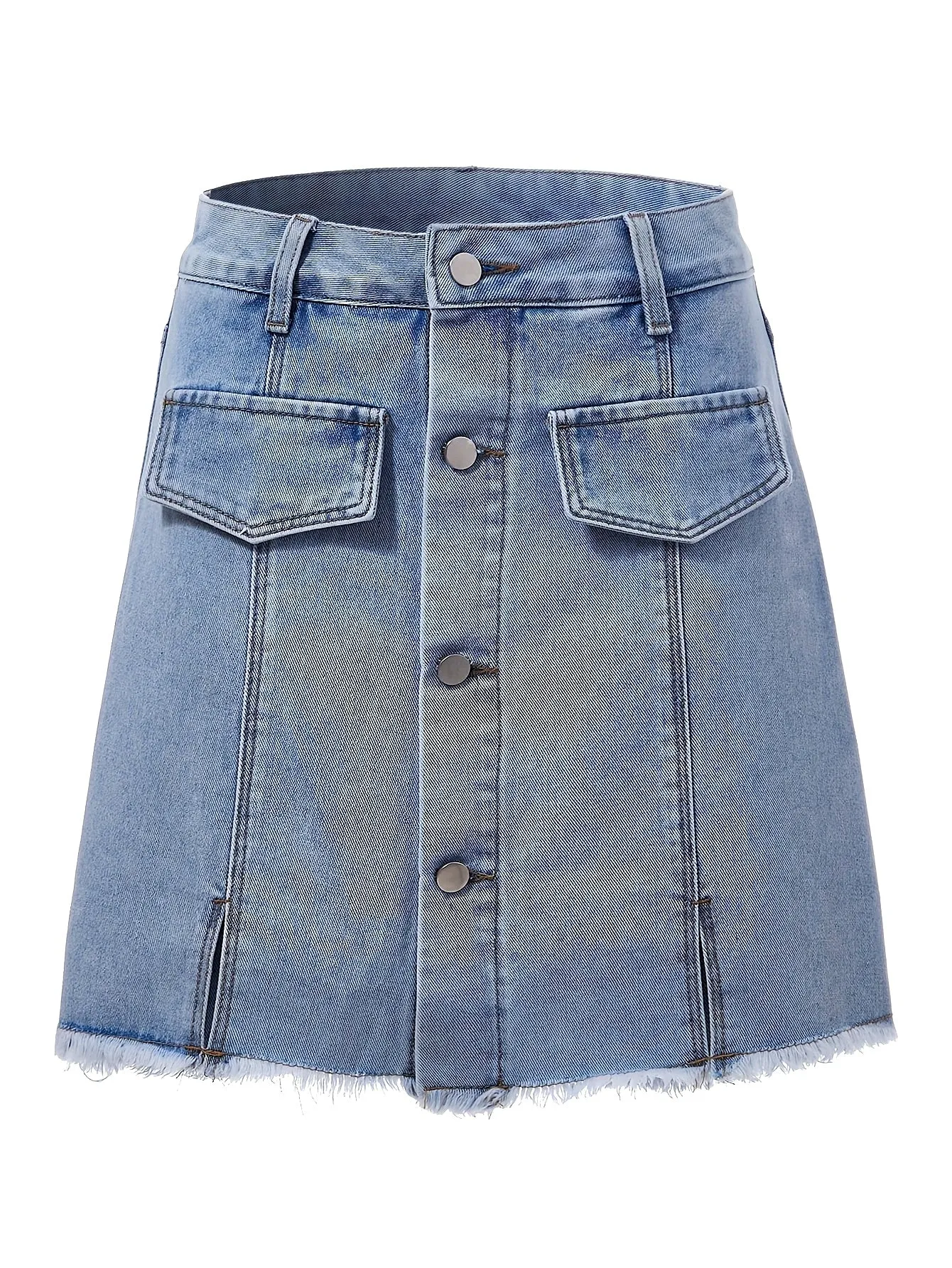 Plain Washed Blue Split Back Raw Hem Single-breasted A-line Casual Style Denim Skirt, Women's Denim Jeans & Clothing