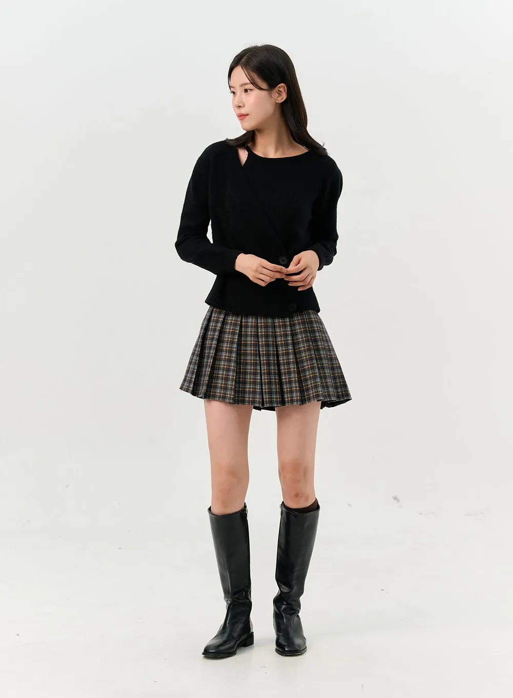 Pleated Check Mini Skirt OO327