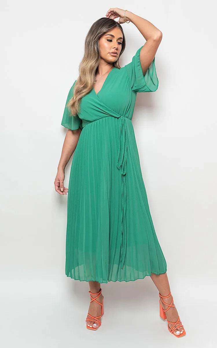 Pleated Wrap Front  Maxi Dress