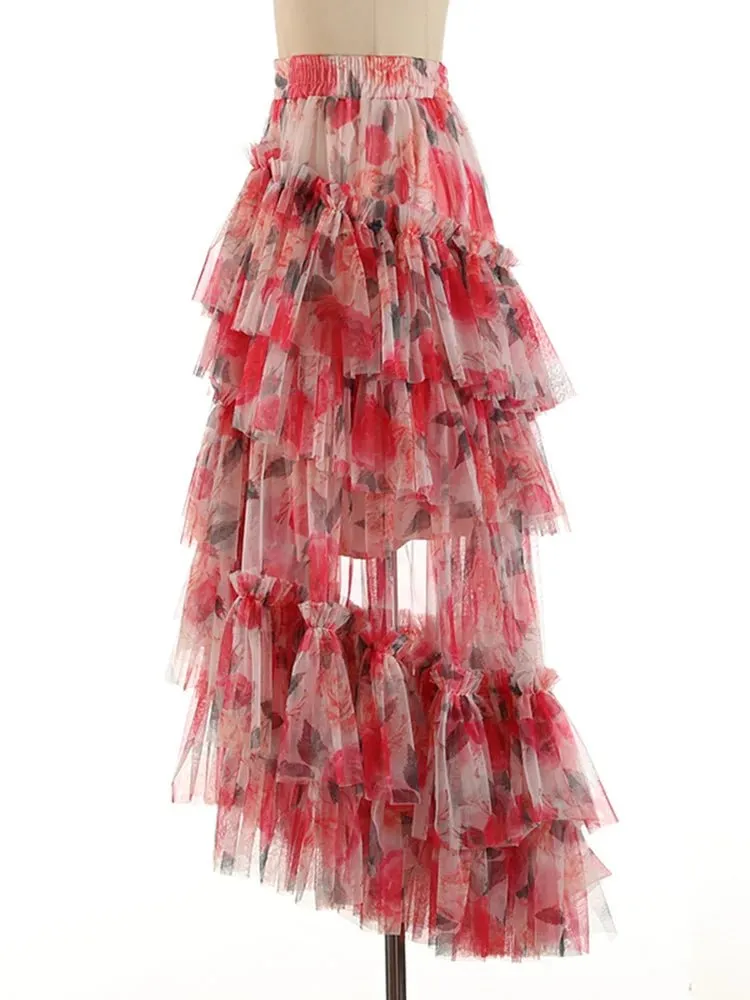 Pre Order:  Floral Asymmetrical Ruffled Mesh Skirt