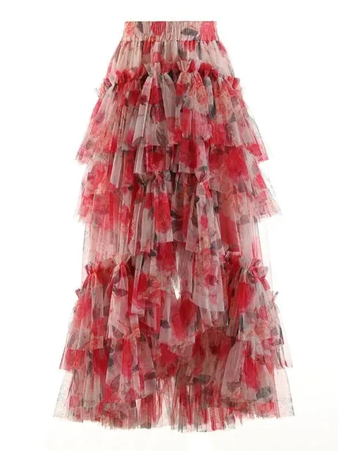 Pre Order:  Floral Asymmetrical Ruffled Mesh Skirt