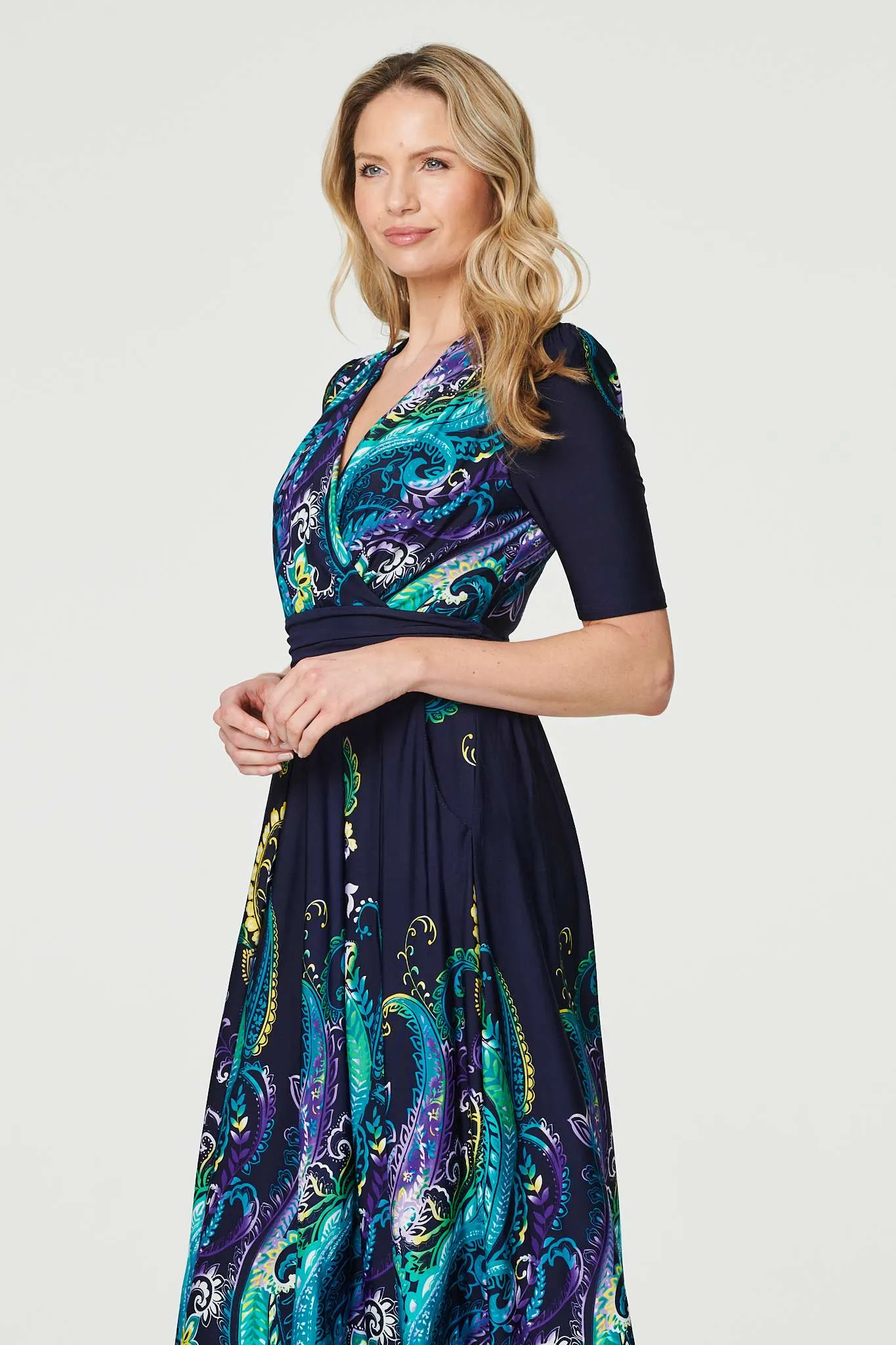 Printed Ruched Waist Midi Dress