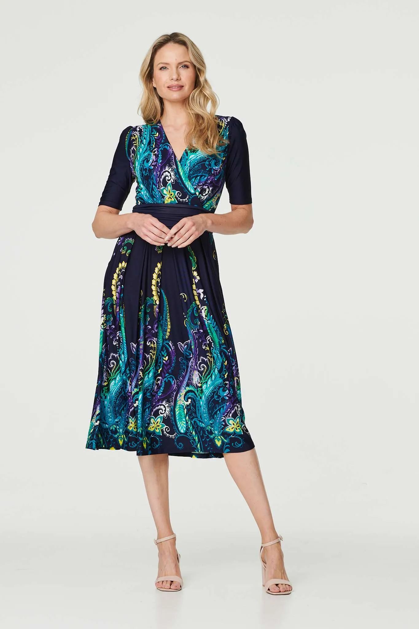 Printed Ruched Waist Midi Dress