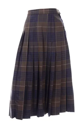 Salvatore Ferragamo Pleated Brown & Blue Plaid Midi Skirt