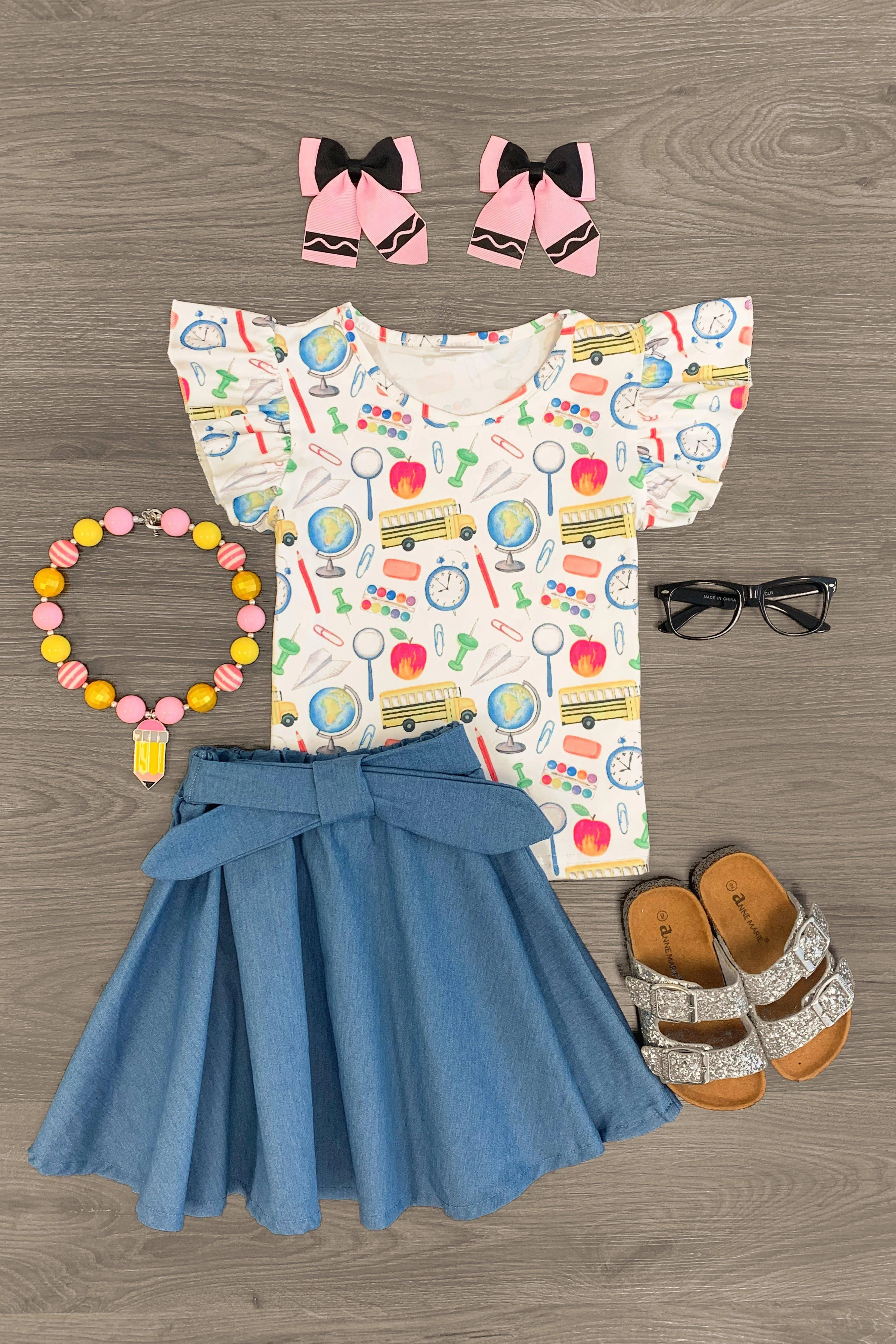 School Supplies Denim Skirt Set