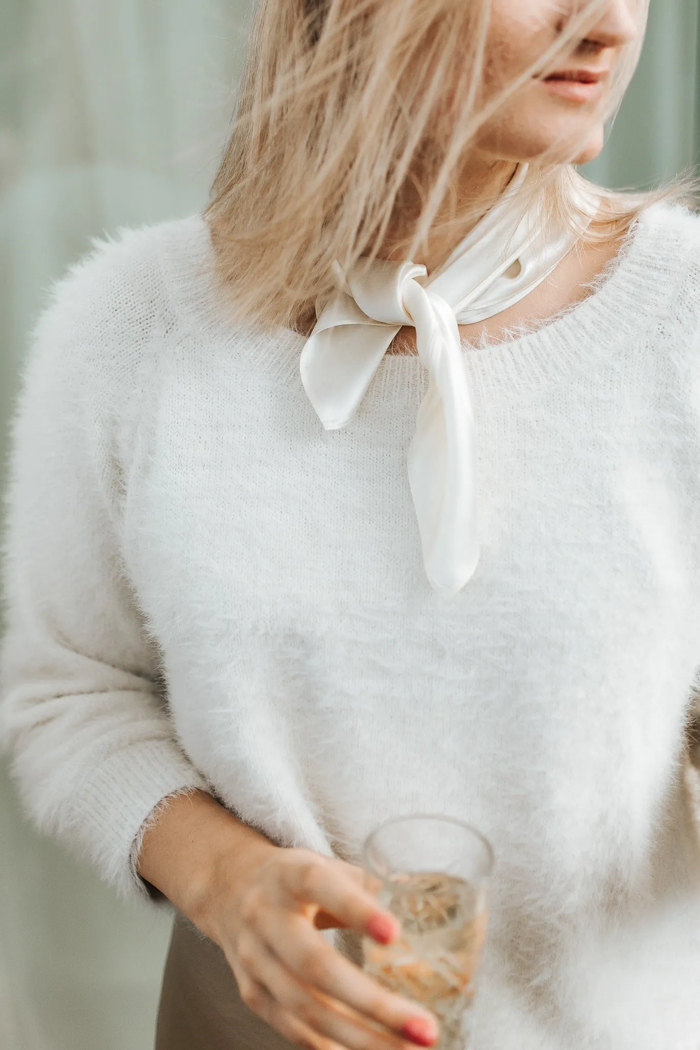 Set of natural silk scarf white pearl   S size natural silk scrunchie white pearl