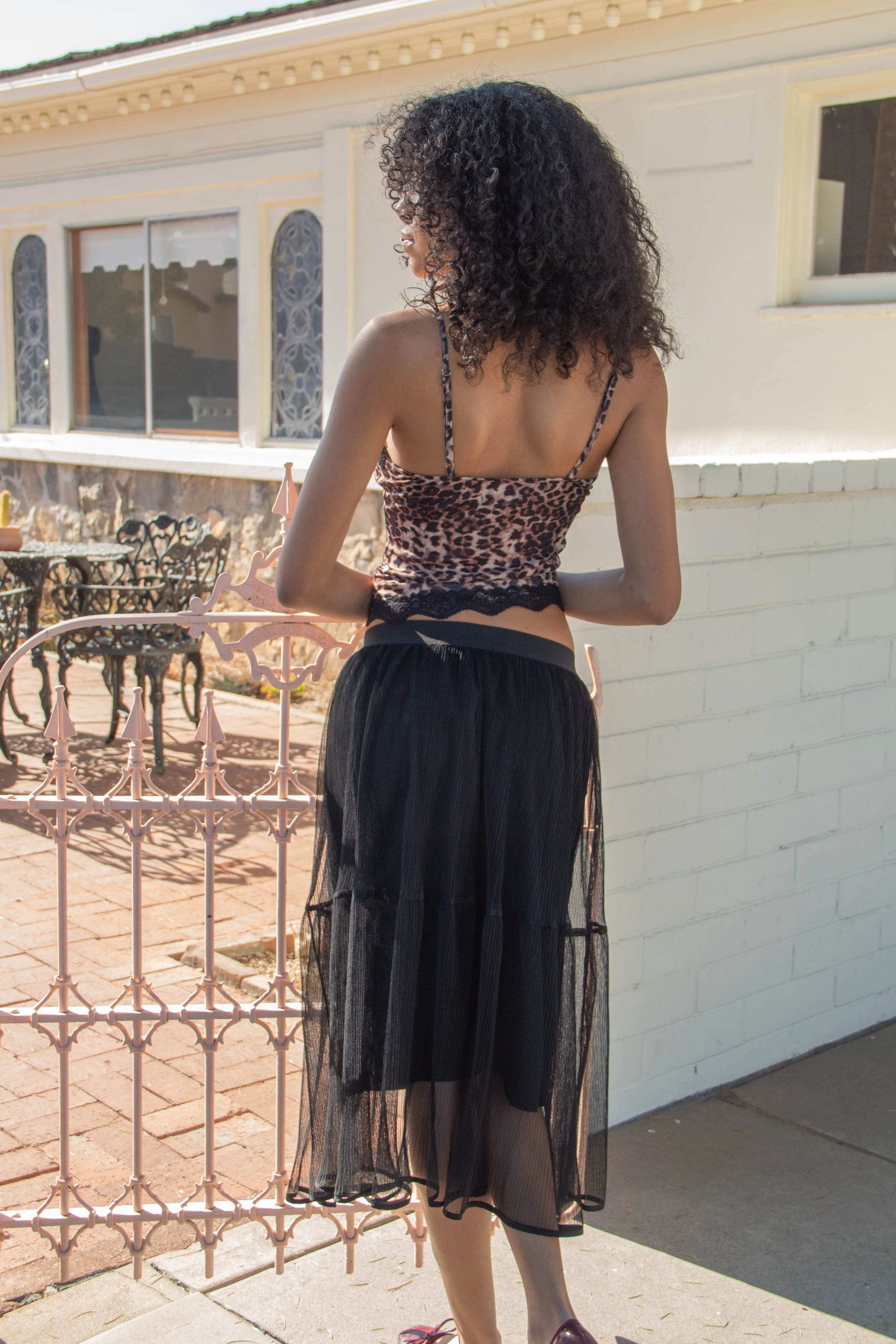 Sheer Pleated Mesh MIdi Skirt