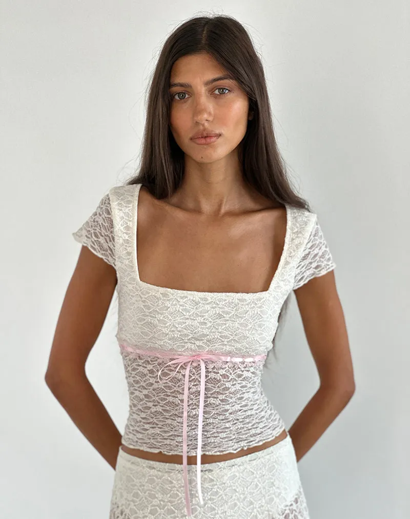 Sherine Lace Top in Cream with Pink Binding