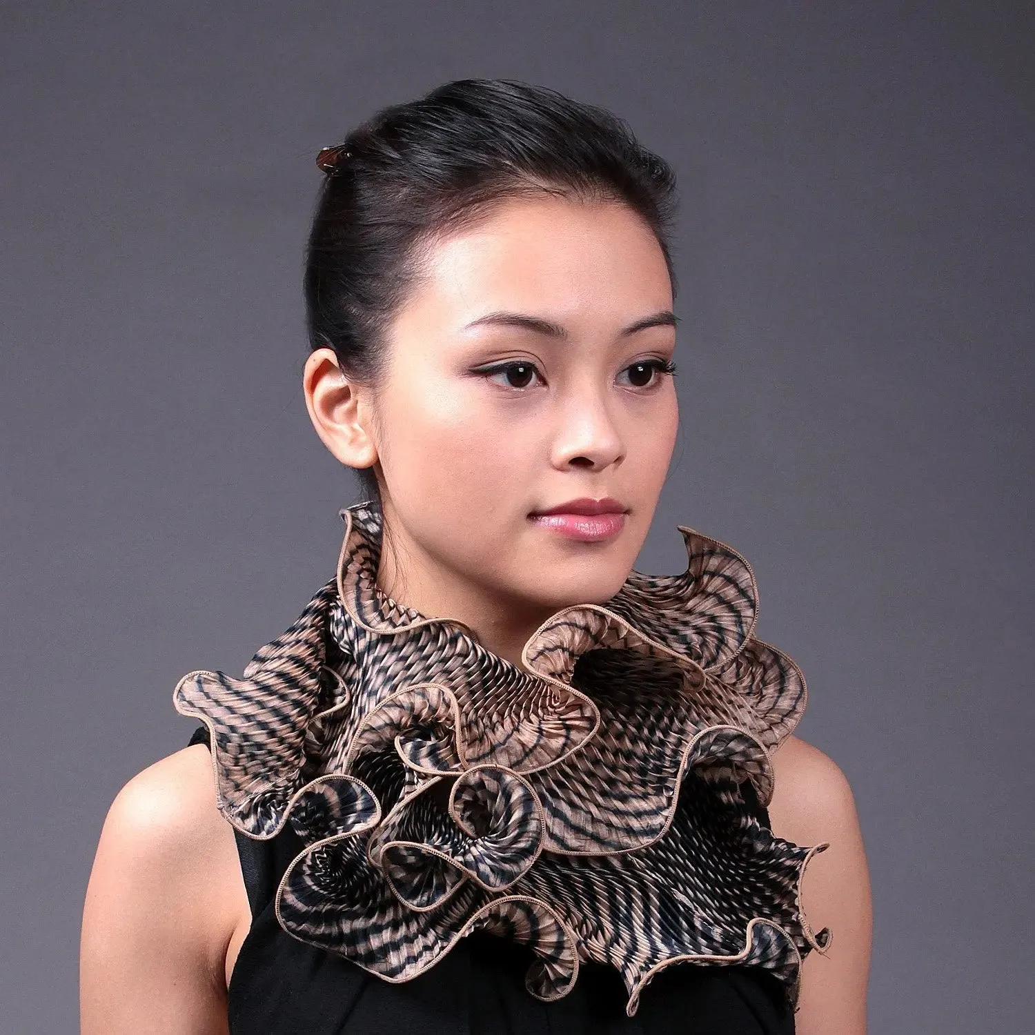 Shibori Silk Infinity Scarf SIA-03 in Black and Beige by Cathayana