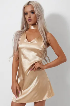 Siasa Gold Satin Choker Slip Dress