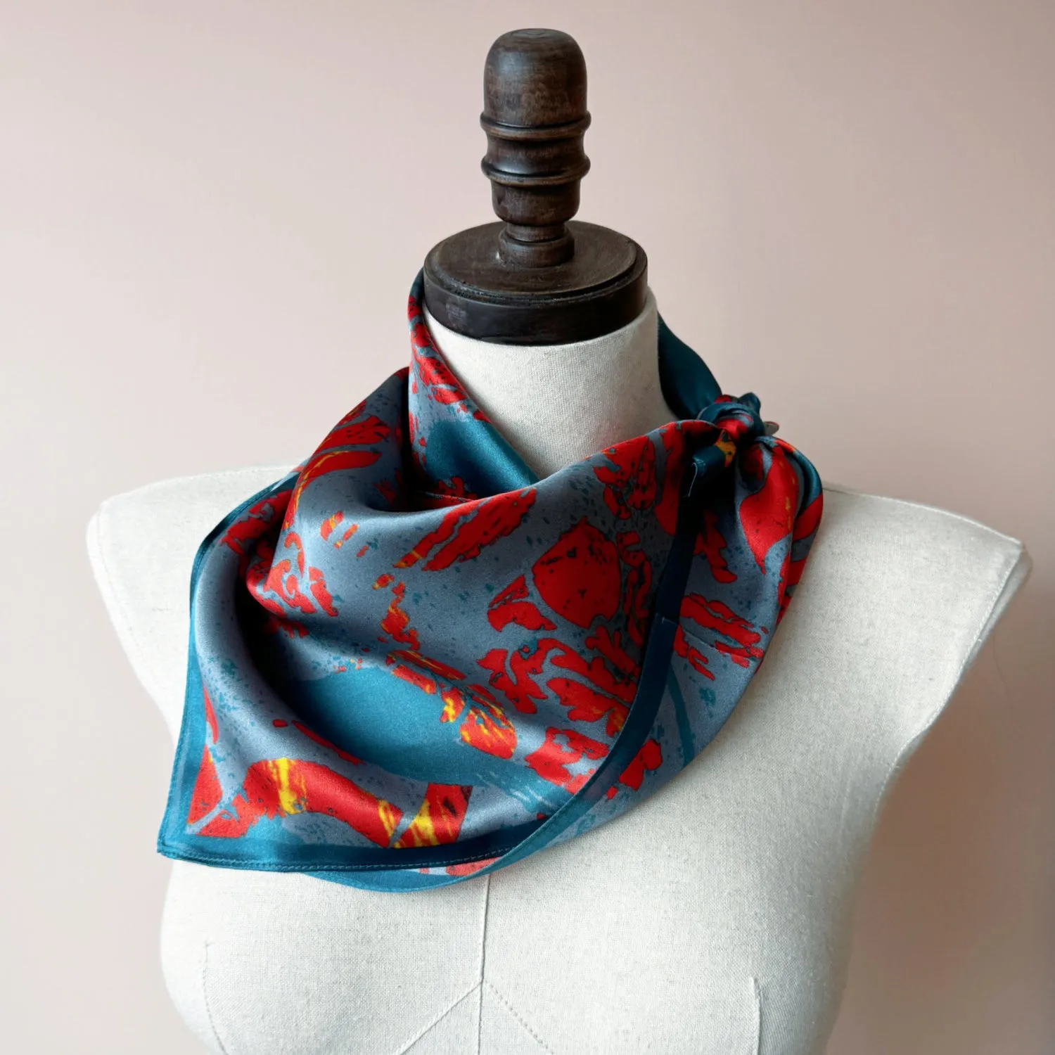 Silk Neck Scarf | Pure Silk Bandana Neck Wrap in Red and Grey