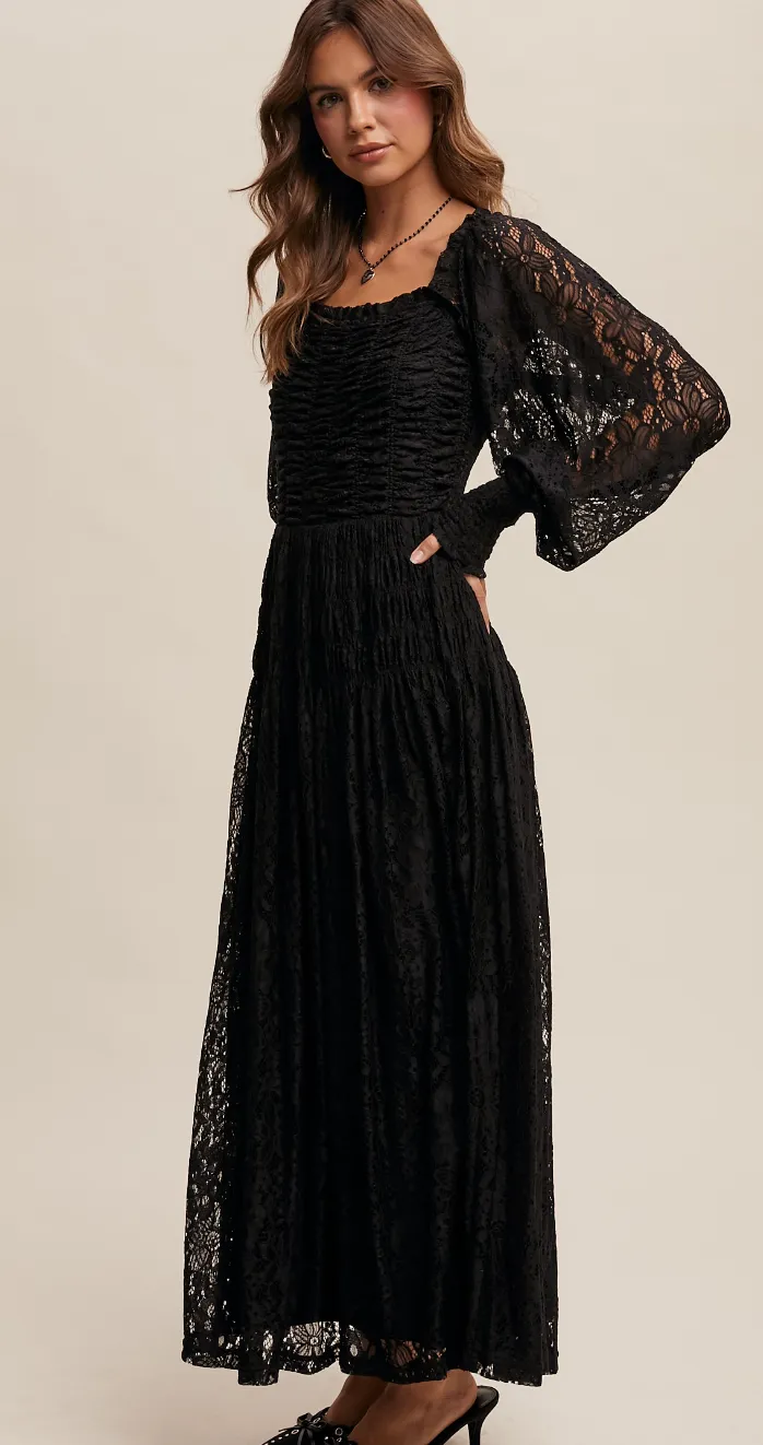 Smocked Square Neck Lace Maxi Dress