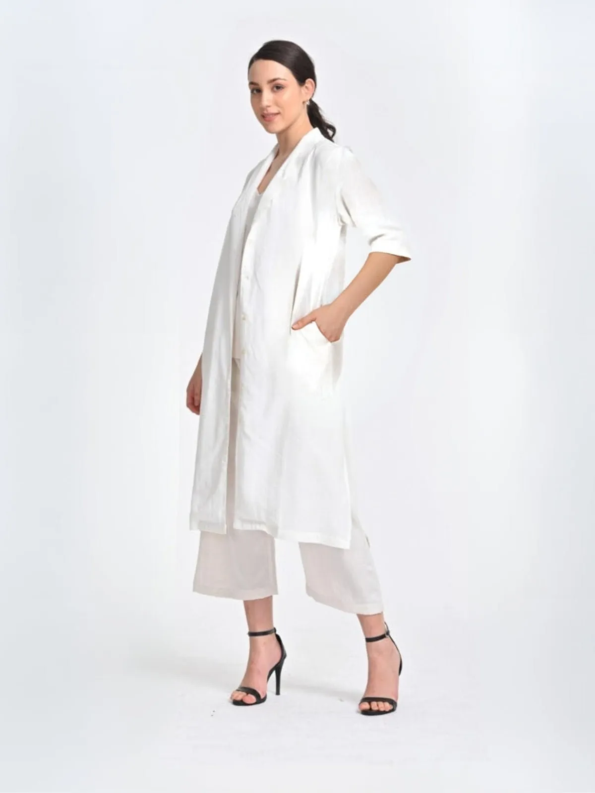 Solid Cream Overlay and Long Short with Trousers 3 Piece Coords Set