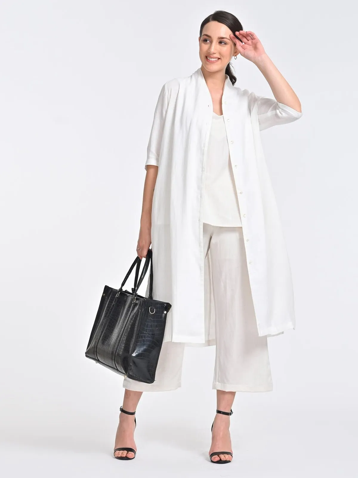 Solid Cream Overlay and Long Short with Trousers 3 Piece Coords Set