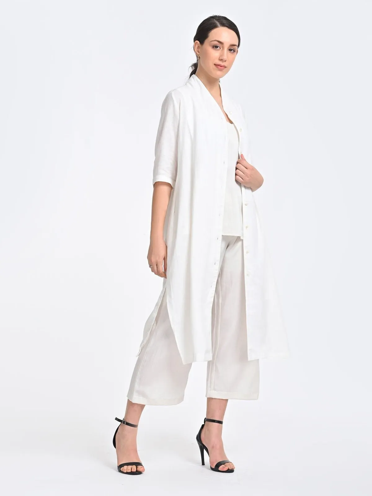 Solid Cream Overlay and Long Short with Trousers 3 Piece Coords Set