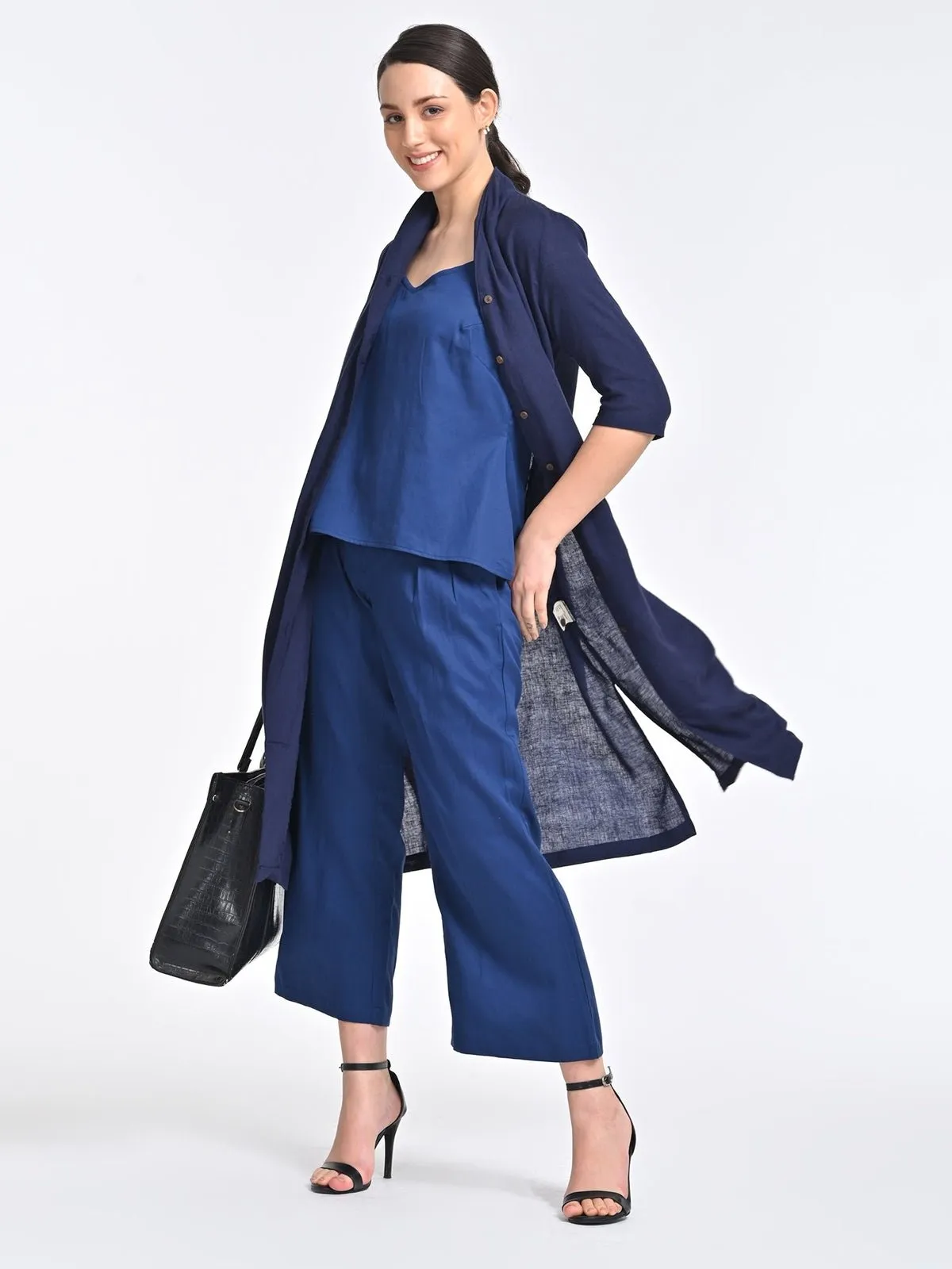 Solid Navy Overlay and Long Short with Trousers 3 Piece Coords Set