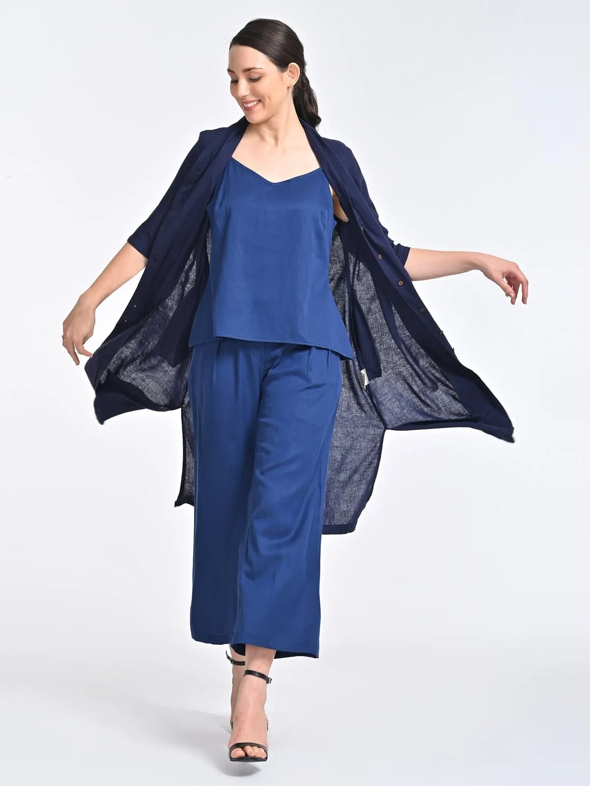 Solid Navy Overlay and Long Short with Trousers 3 Piece Coords Set