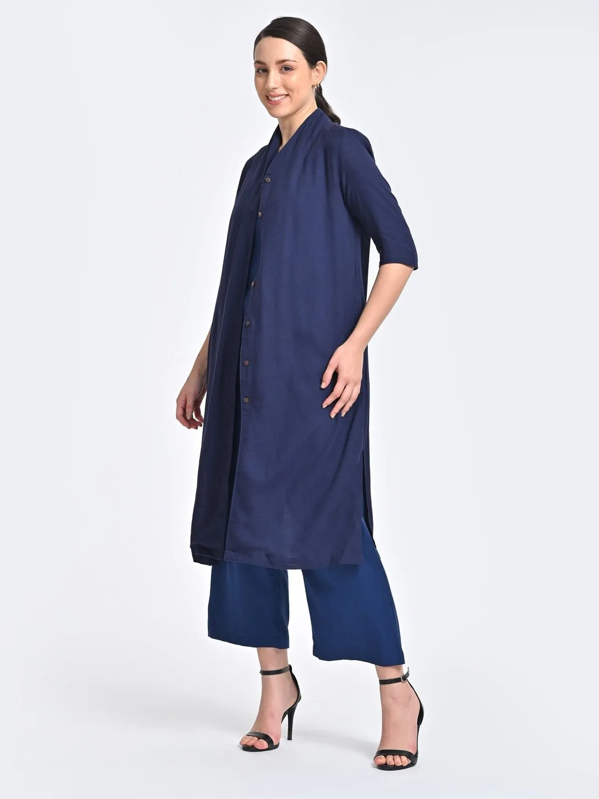 Solid Navy Overlay and Long Short with Trousers 3 Piece Coords Set