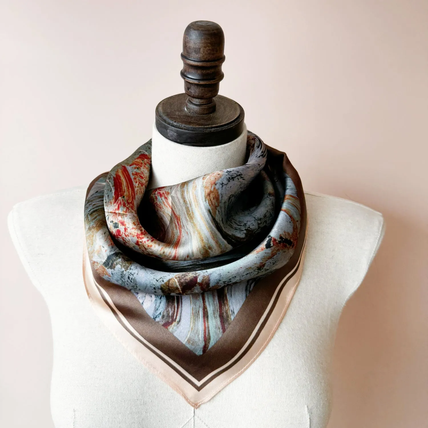 Square Silk Neck Scarf | Pure Silk Bandana Neck Wrap in Taupe and Grey