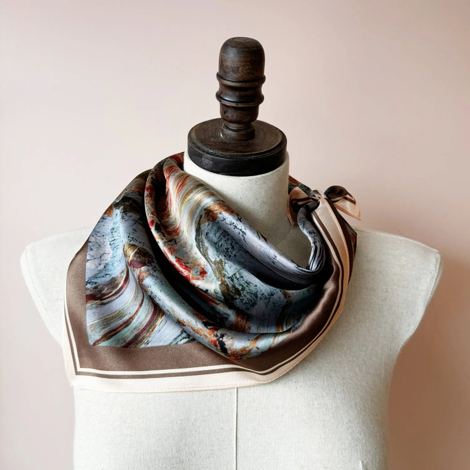 Square Silk Neck Scarf | Pure Silk Bandana Neck Wrap in Taupe and Grey