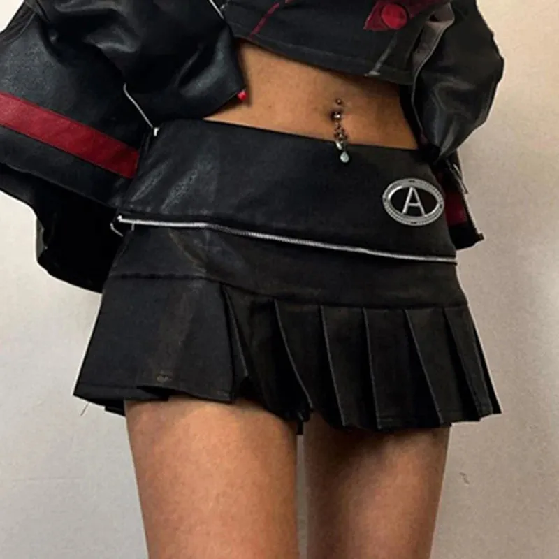 Streetwear Punk Style Black Pleated Skirt Women Fashion Zipper Metal Party PU Leather Skirt Mini Clubwear Goth Bottom