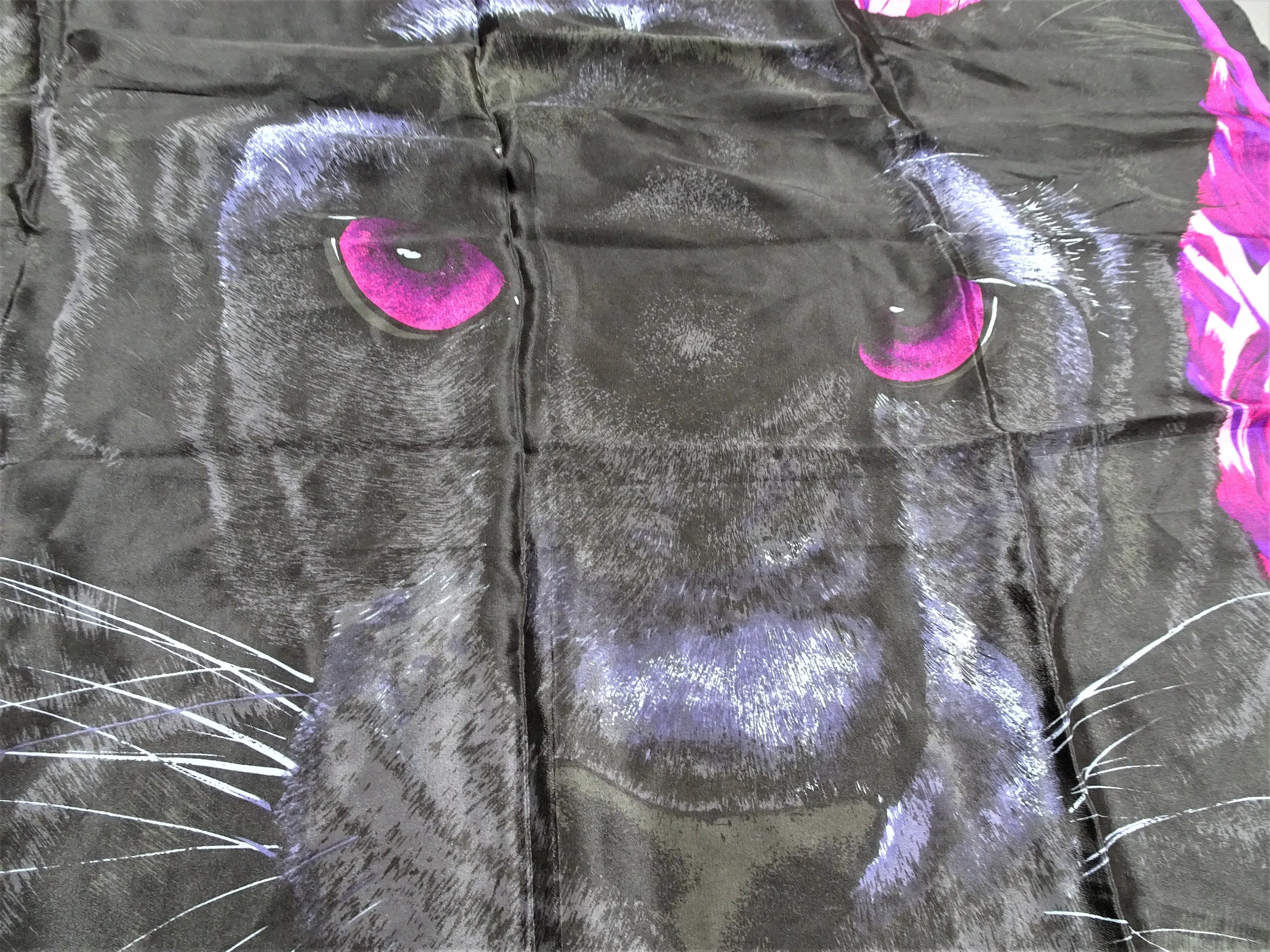 STRIKING Vintage Silk Scarf,BLACK PANTHER,Anne Klein Designer Scarf,Black Pink,Wear It or Frame it,Collectible Vintage Silk Scarves