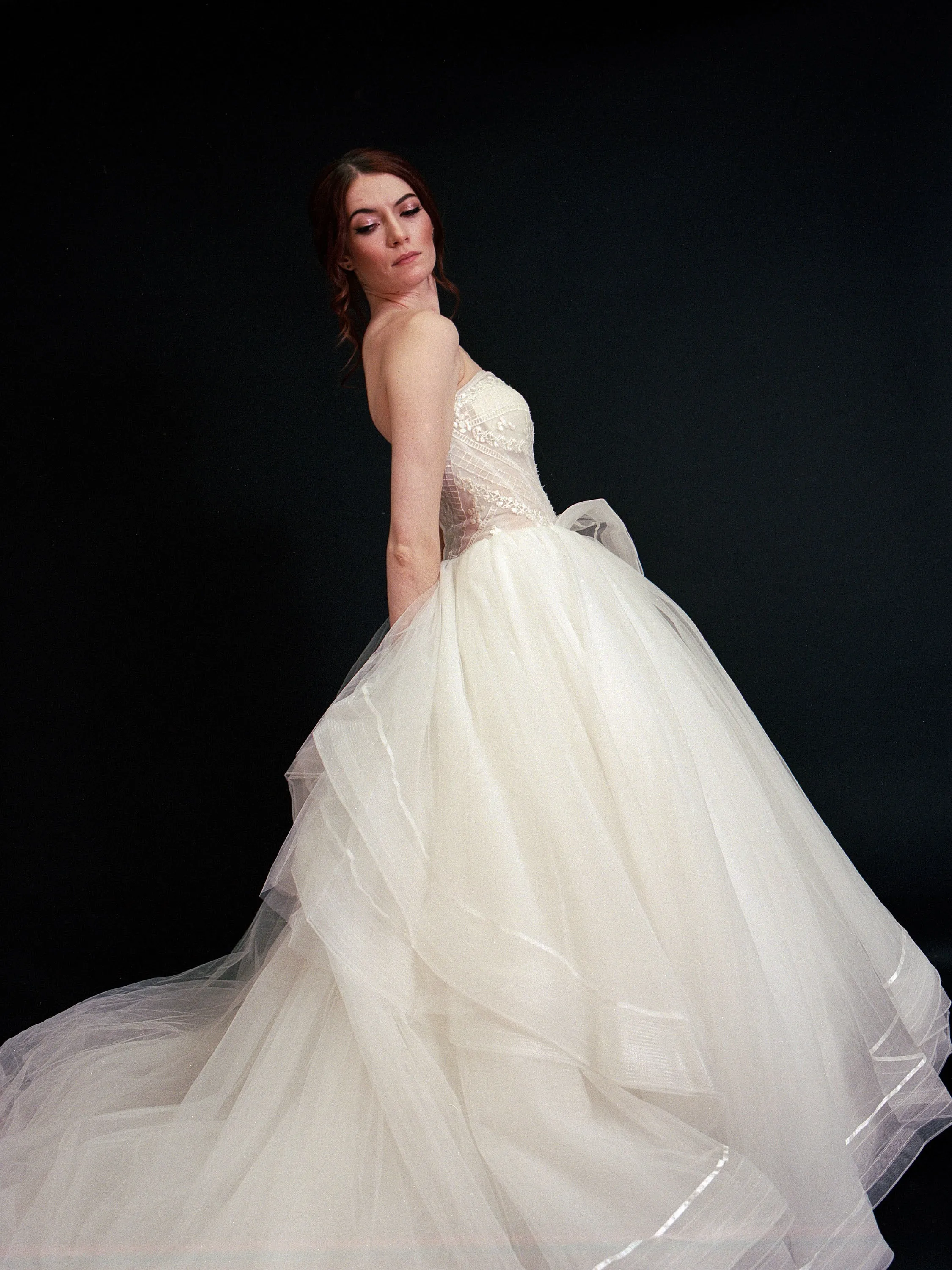 Style E2403 - Strapless soft tulle modern embroidery layered ruffle ballgown princess wedding dress