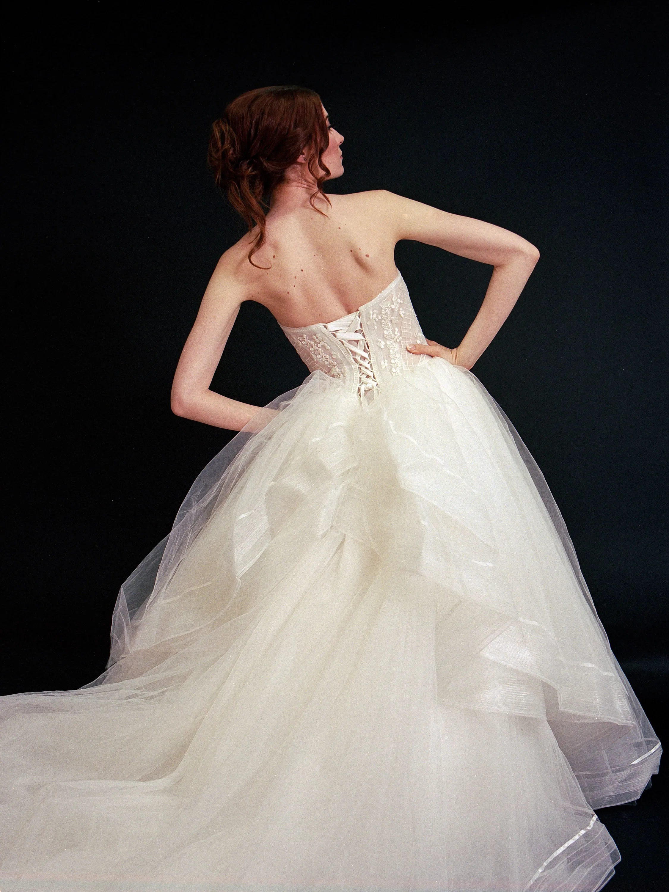 Style E2403 - Strapless soft tulle modern embroidery layered ruffle ballgown princess wedding dress