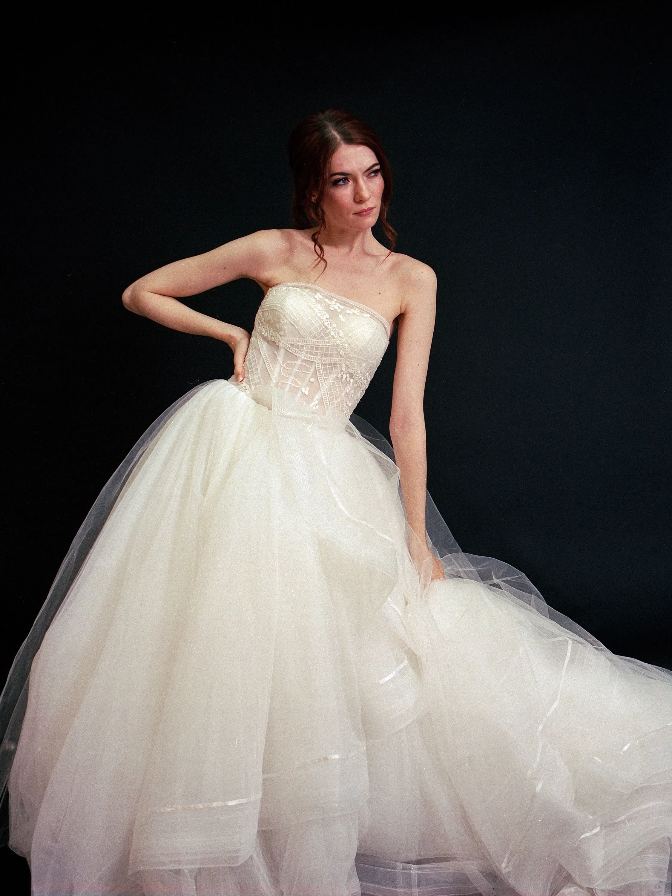 Style E2403 - Strapless soft tulle modern embroidery layered ruffle ballgown princess wedding dress