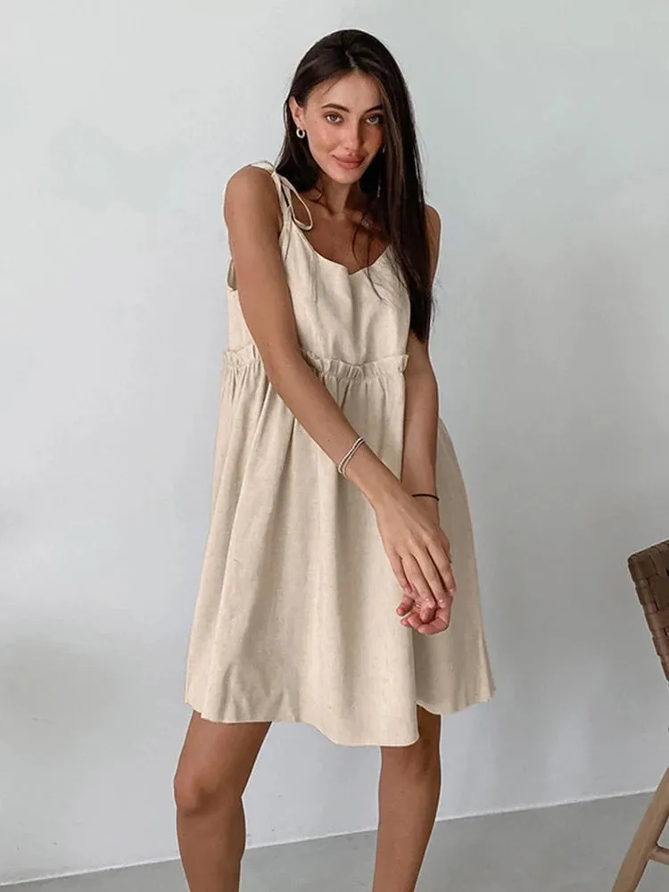 Summer Autumn Women Holiday Solid Khaki Spaghetti Flare Linen Mini Dress For Women