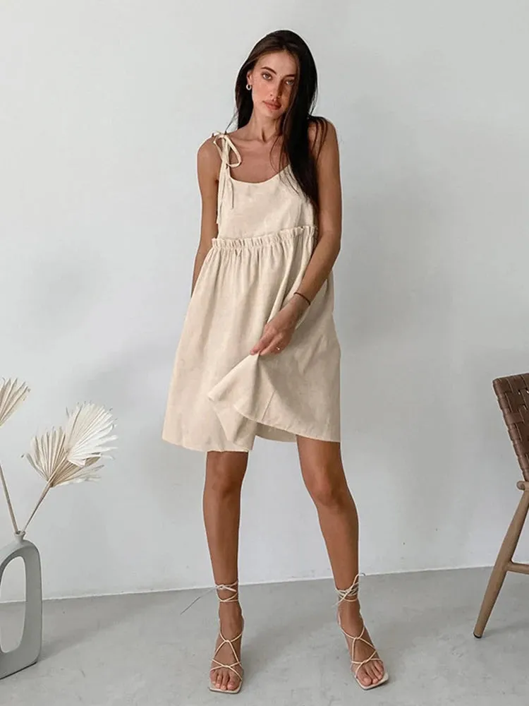 Summer Autumn Women Holiday Solid Khaki Spaghetti Flare Linen Mini Dress For Women