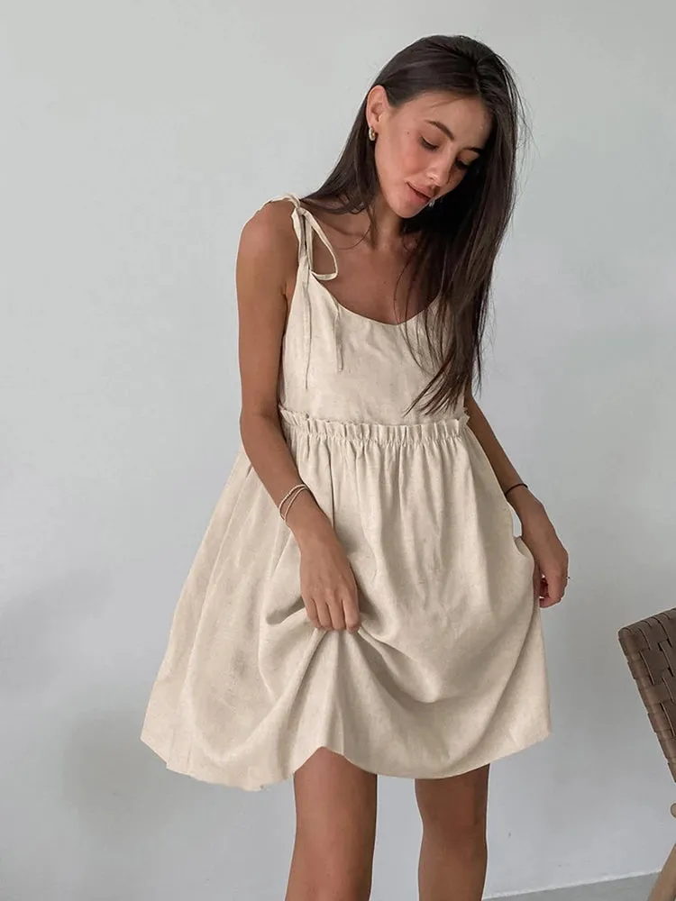 Summer Autumn Women Holiday Solid Khaki Spaghetti Flare Linen Mini Dress For Women