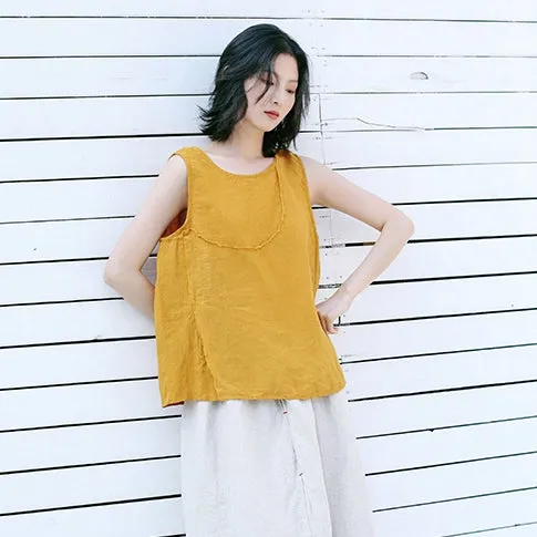 Summer Casual Yellow And Beige Vest Women Loose Cool Tank Top T9413